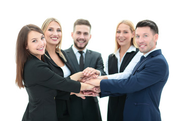 Happy  business team showing unity with their hands together