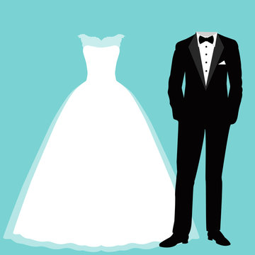 wedding dress and tuxedo.
