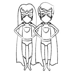 monochrome blurred contour faceless of couple of superheroes flying with hands in your waist vector illustration