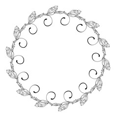 Black and white oval frame with floral silhouettes. Copy space. Vector clip art.