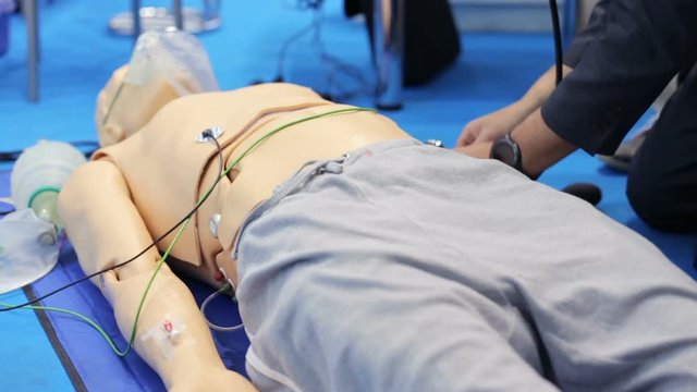A man checks the heartbeat in a human dummy