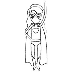 monochrome blurred contour faceless of superhero girl with long hair flying with arm up vector illustration