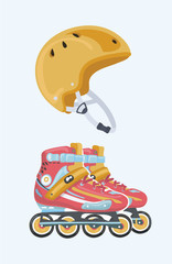Red roller skate, sport equipment and yellow sport helmet