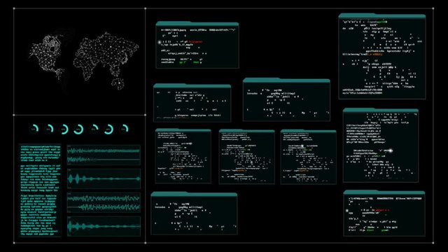 4K Hacker User inter face with random text window code percent load for cyber technology futuristic concept


