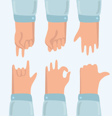 Set of cartoon illustration six hands gesture