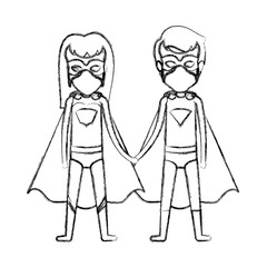 monochrome blurred contour faceless of duo of superheroes united of the hands and her with long hair vector illustration