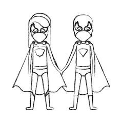 monochrome blurred contour faceless of duo of superheroes united of the hands and her with straight long hair vector illustration