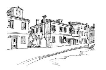 Vector sketch of architecture of Burano island, Venice, Italy.