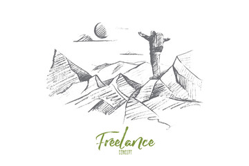 Vector hand drawn Freelance concept sketch. Man tourist with backpack standing at the top of hill and enjoying nature and sun