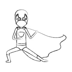 monochrome blurred contour faceless of kid superhero in defensive pose vector illustration