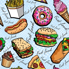 Fast food  seamless pattern. Hamburger, hot dog, pizza, sandwich, milkshake, french fries, donut, cupcake, ice-cream. Pop art style