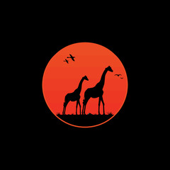 giraffe and flying birds sunset wild life logo vector design