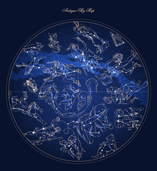 Astronomy characters sky map with constellation and star names vector - 153008580
