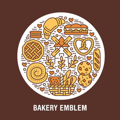 Bakery, confectionery poster template. Vector food line icons, circle colored illustration of sweets, pretzel, croissant, muffin pastry, cupcake, pie, mill. Bread house products banner