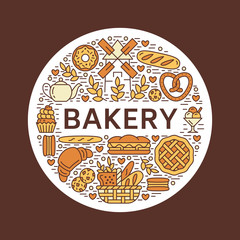 Bakery, bread house poster template. Vector food line icons, illustration of sweets, pretzel croissant, muffin, pastry, cupcake pie, mill. Confectionery products banner with place for text.