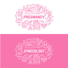 Medical, gynecology banner illustration. Obstetrics pregnancy vector line icons research, in vitro fertilization, ultrasound. Healthcare brochure, poster design.