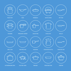 Pot, pan and steamer line icons. Restaurant professional equipment signs. Kitchen utensil - wok, saucepan, eathernware dish. Thin linear signs for commercial cooking store.