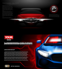 Digital vector red and blue modern sport car mockup, ready for print or magazine design. Your brand, white lights on. Black background. Transparent, realistic 3d, reflection