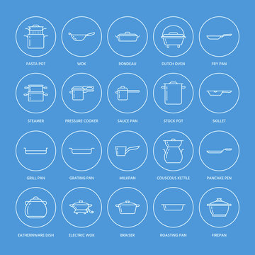 Pot, pan and steamer line icons. Restaurant professional equipment signs. Kitchen utensil - wok, saucepan, eathernware dish. Thin linear signs for commercial cooking store.