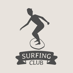 Surfing club logo, icon or symbol. Man surfer riding on surfboard
