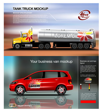 Digital vector red new modern business vehicle van and truck close up mockup, ready for print or magazine design. Your brand, motor show. Black background, reflection. Transparent, realistic 3d