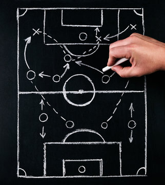 Strategy Of Football Or Soccer Play Tactics, Drawn By Chalk On The Chalk Board With A Football Coach During The Time Out