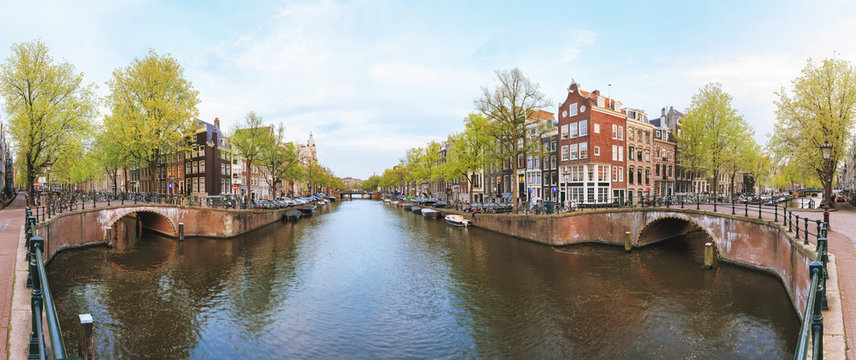 Canals of Amsterdam. Summer panorama of Rossebuurt district
