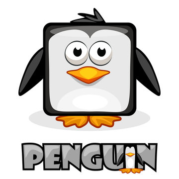 Cute cartoon square penguin. Set vector animals and bird