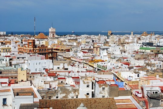 Elevated view of the city rooftops looking North from the Cathedral Bell tower, Cadiz, Spain.
