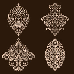 Vector set of damask ornamental elements. Elegant floral abstract elements for design. Perfect for invitations, cards etc