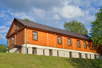Wooden one-storeyed apartment house on the embankment of the river great