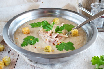 Chicken soup puree with mushrooms and cream. Healthy eating concept