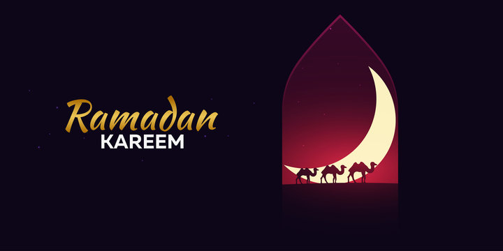 Ramadan Kareem. Ramadan Mubarak. Greeting card. Arabian night with Crescent moon and camels.