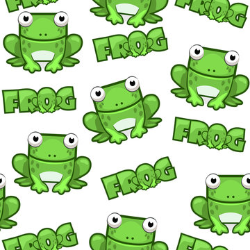 Seamless pattern Cute cartoon square green frog on white background. Set vector animals