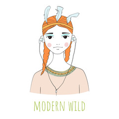 Modern wild. Beautiful young woman with headphones. Dressed in the style of American Indians. Red hair.