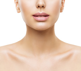 Lips, Woman Face Beauty, Mouth and Neck Skin Closeup, Women Skincare