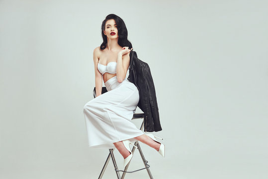 Fashion style clothes for woman meeting date walk party sexy beautiful woman brunette long hair natural make up wear white cotton costume perfect body shape model suit
