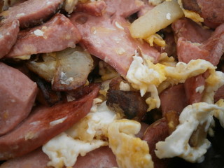 Fried potatoes with sausages and eggs