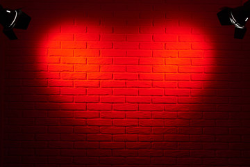 dark red brick wall with heart shape light effect and shadow, abstract background photo, lighting...