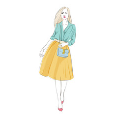 Beautiful young blonde women in a fashion retro clothes with bag on high heels. Vector hand drawn illustration.