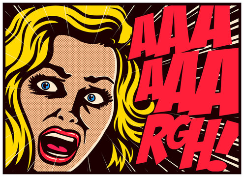 Pop Art style comic book panel with terrified woman in a panic screaming in terror vector poster design illustration