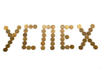 The word "success" laid out metallic coins 10 rubles