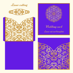 Wedding invitation or greeting card with classical ornament. Picture suitable for laser cutting or printing. Gold pattern on a blue background. Vector illustration.