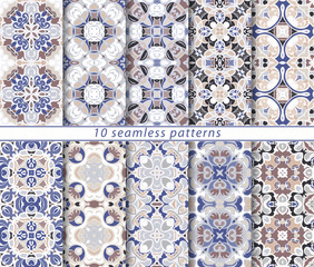 Set of ten classic seamless patterns in shades of blue, brown and white. Decorative and design elements for textile, manufacturing, wallpapers, gift wrap.