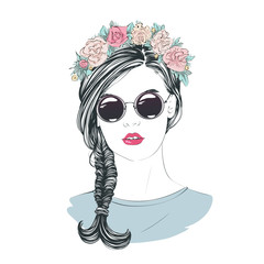 Portrait of young beautiful woman with flowers in long hair with round sunglasses. Comic style fashion illustration.