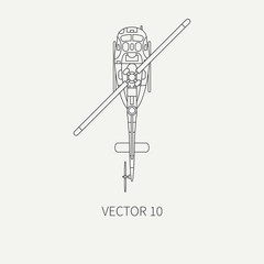Line flat vector icon military turboprop transportation helicopter. Army equipment and armament. Retro copter. Cartoon. Assault. Soldiers. War. Illustration and element for your design and wallpaper.