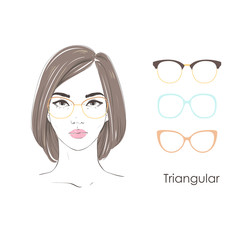 Vector set beautiful women portrait with differnt haircuts and shape of glasses for triangular type of faces. Hand drawn illustration.
