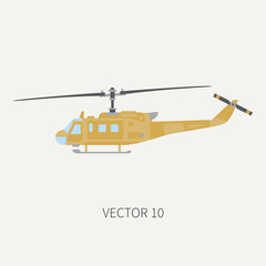 Plain flat color vector icon military turboprop transportation helicopter. Army equipment and armament. Retro copter. Cartoon. Assault soldiers. War. Illustration, element for your design, wallpaper.