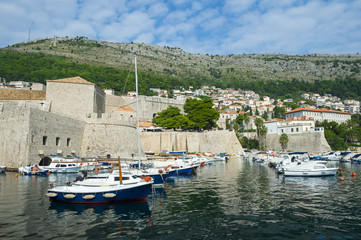 Fototapeta na wymiar Scenic seaside view of the coastline outside the stone fortress walls of Dubrovnik, Croatia