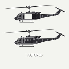 Silhouette. Line flat vector icon set military turboprop transportation helicopter. Army equipment and armament. Retro copter. Cartoon. Assault. Soldiers. Illustration, element for design, wallpaper.